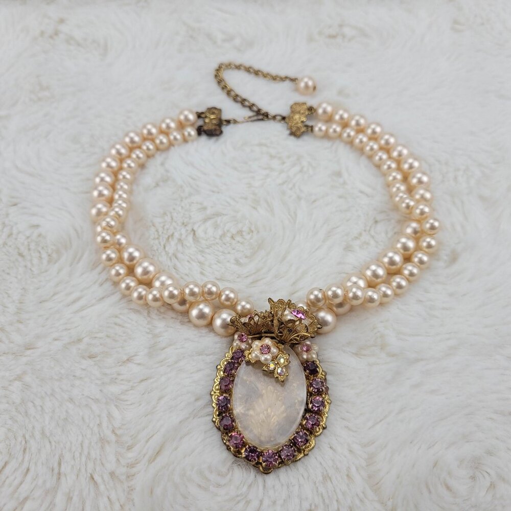 1940's Double Strand Pearl Bead Necklace w Purple Rhinestone and Flower Pendant